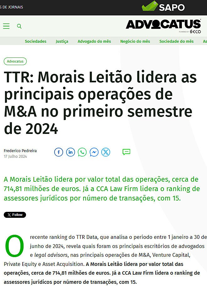 TTR: Morais Leito lidera as principais operaes de M&A no primeiro semestre de 2024